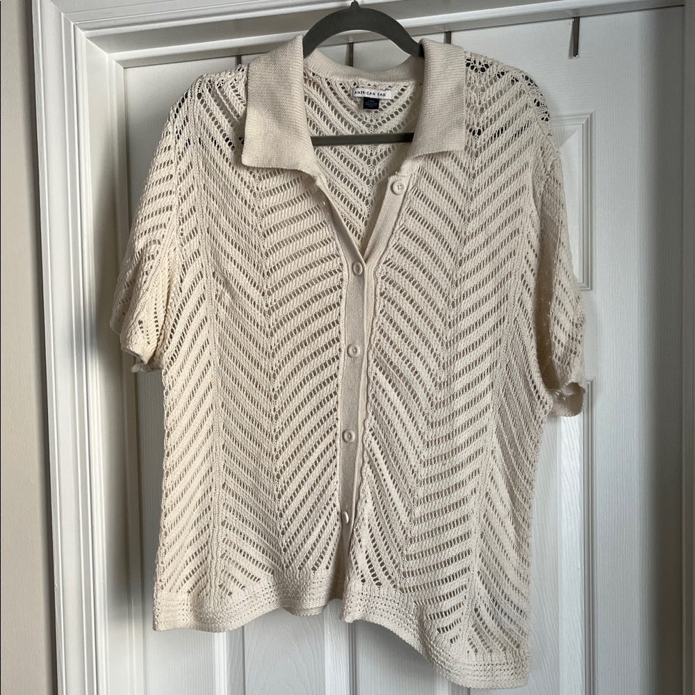 American Eagle Cream Crocheted Collared Button Up Cardigan